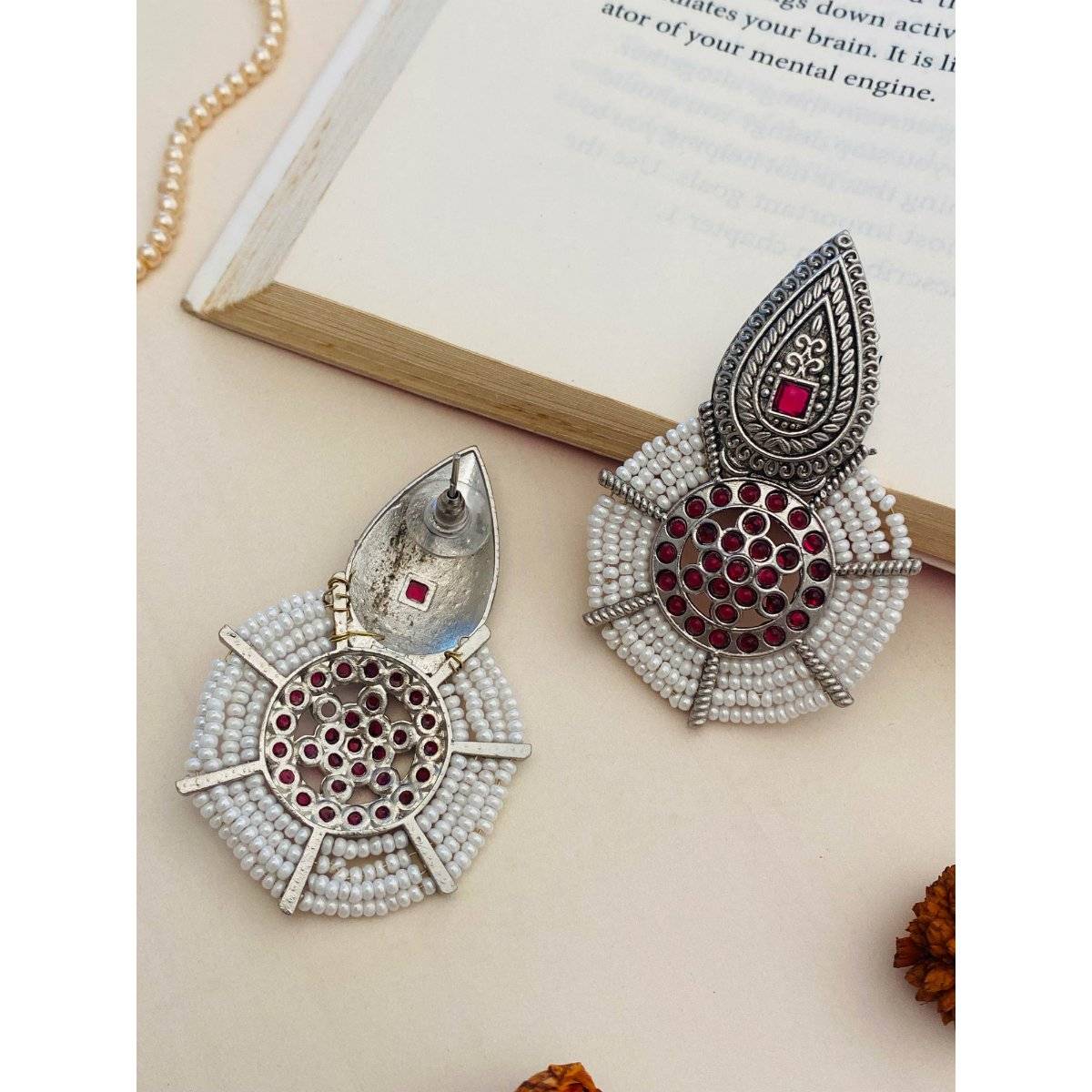Abdesigns Red Elegant German Silver Plated Pearl Drop Earrings
