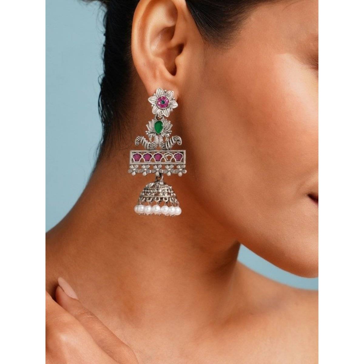 Abdesigns Multi-Color Elegant German Silver Plated Pearl Jhumka Earrings · One Size