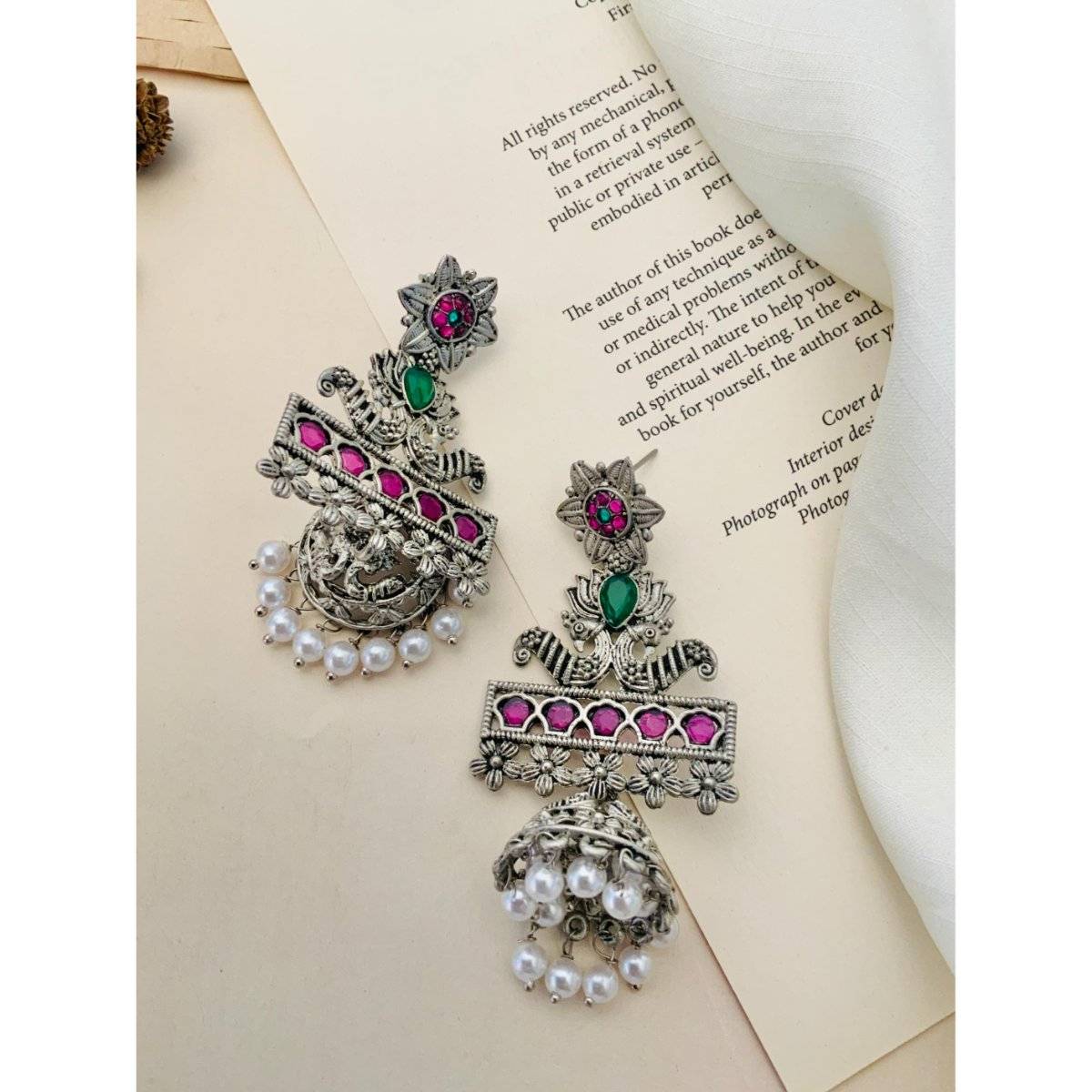 Abdesigns Multi-Color Elegant German Silver Plated Pearl Jhumka Earrings · One Size