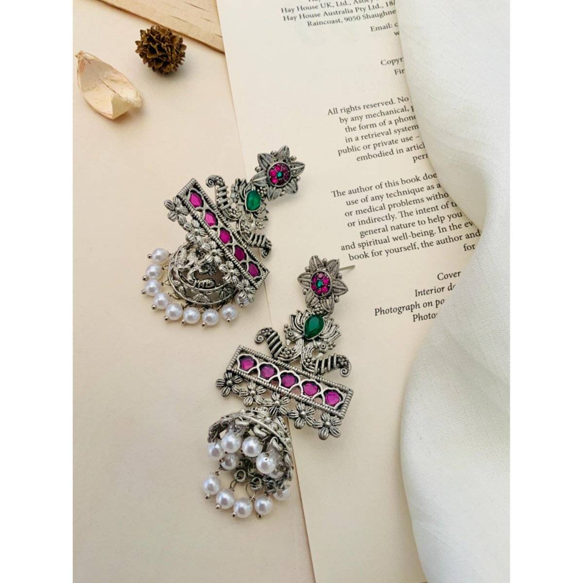 Abdesigns Multi-Color Elegant German Silver Plated Pearl Jhumka Earrings