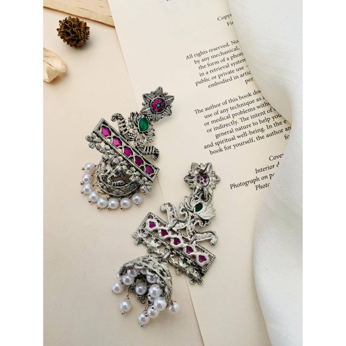 Abdesigns Multi-Color Elegant German Silver Plated Pearl Jhumka Earrings