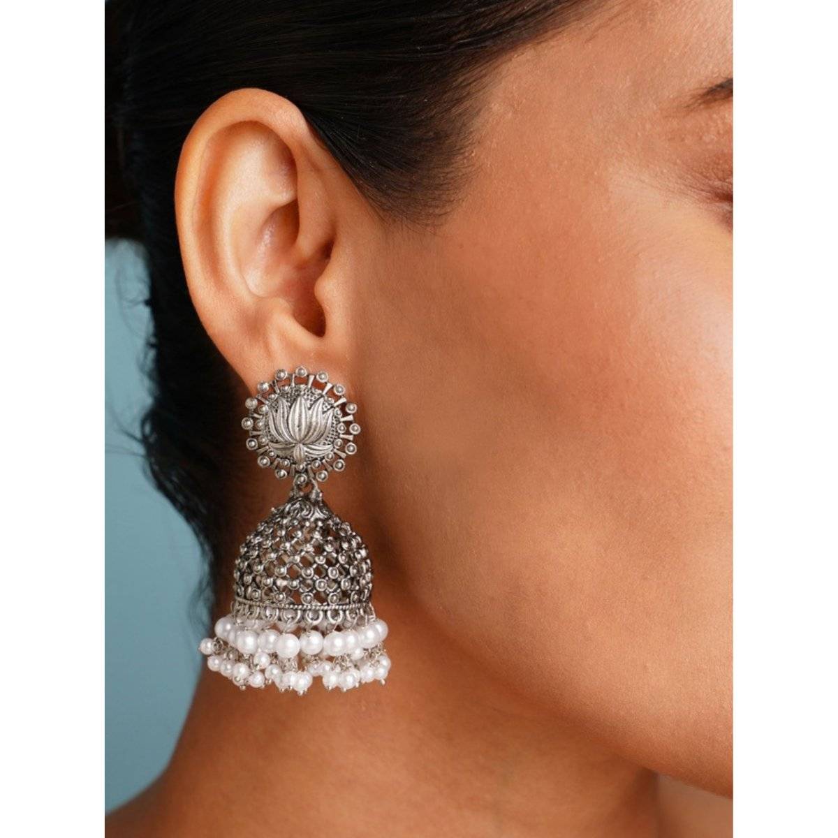 Abdesigns Elegant German Silver Plated Pearl Jhumka Earrings