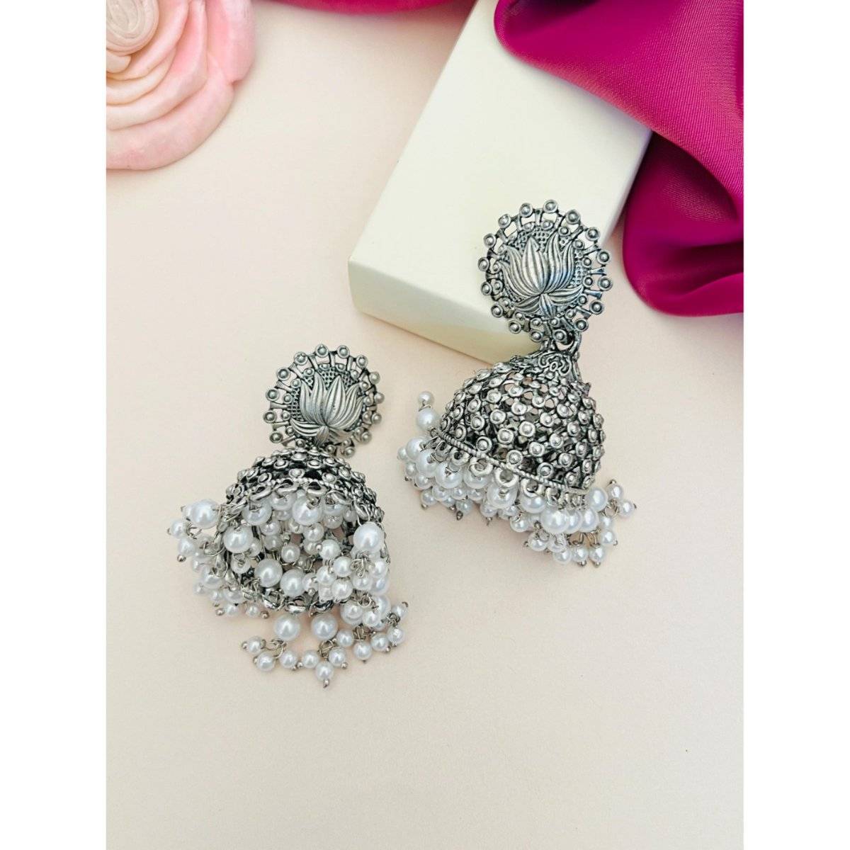 Abdesigns Elegant German Silver Plated Pearl Jhumka Earrings
