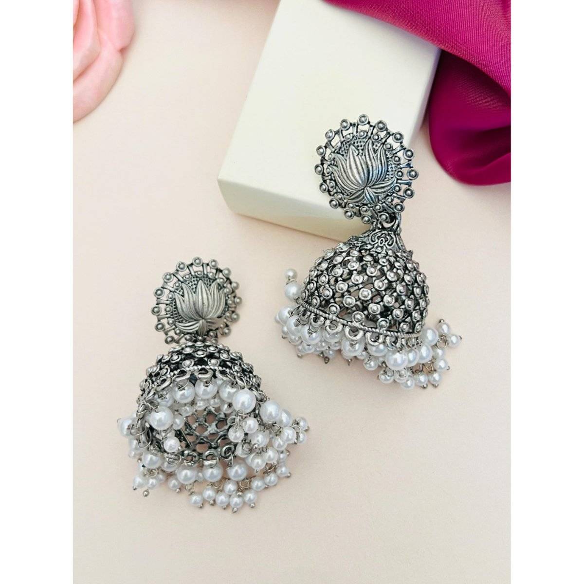 Abdesigns Elegant German Silver Plated Pearl Jhumka Earrings