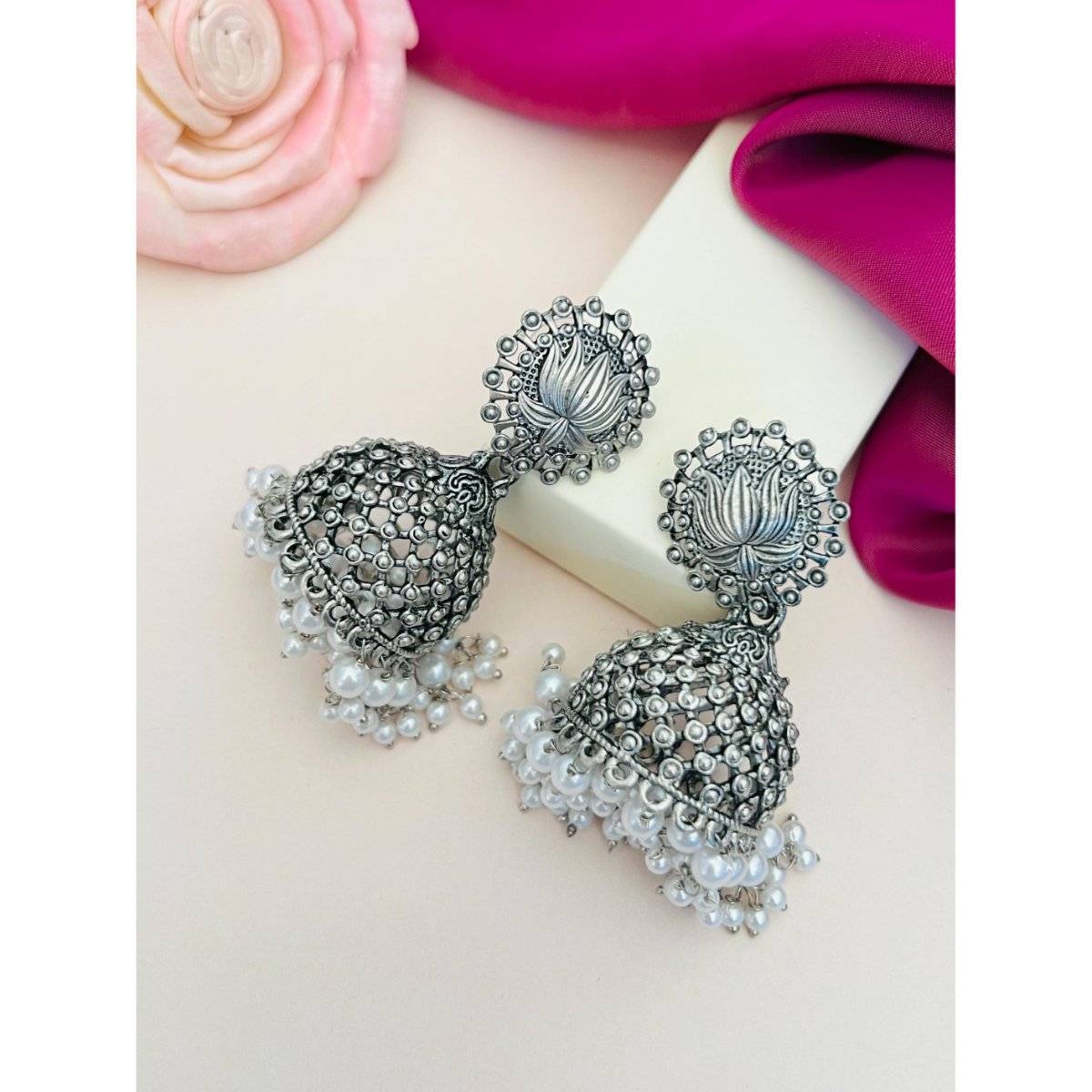Abdesigns Elegant German Silver Plated Pearl Jhumka Earrings