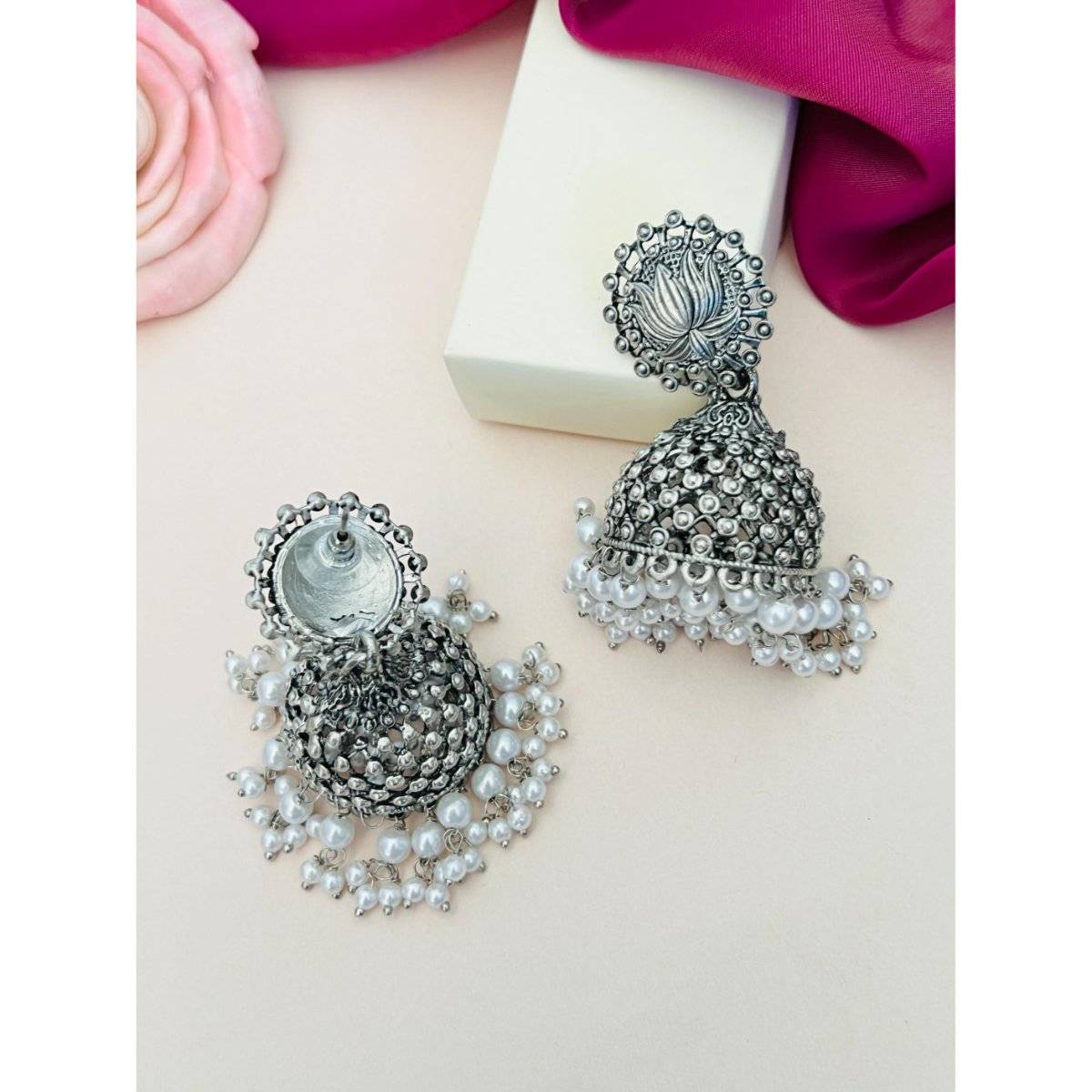 Abdesigns Elegant German Silver Plated Pearl Jhumka Earrings