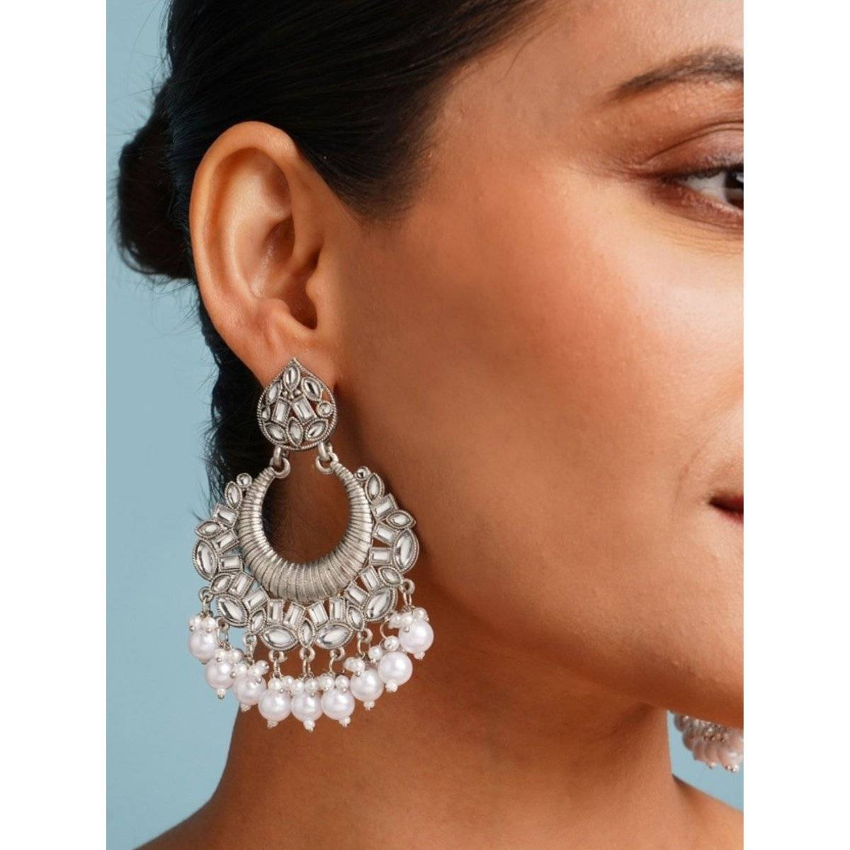 Abdesigns Elegant German Silver Plated Pearl Chandbali Earrings