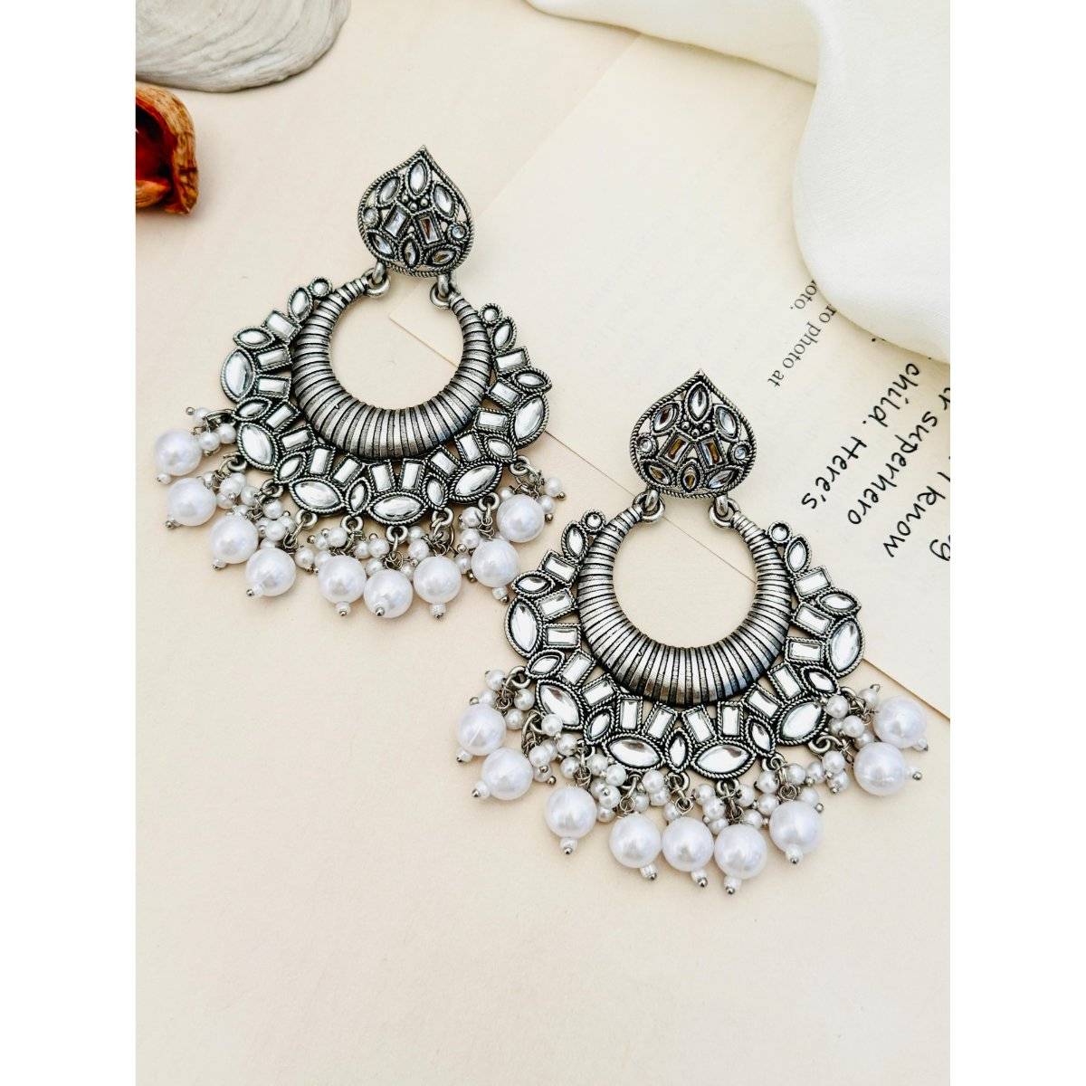 Abdesigns Elegant German Silver Plated Pearl Chandbali Earrings