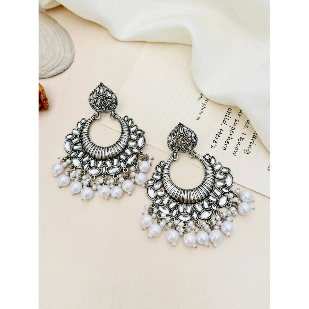 Abdesigns Elegant German Silver Plated Pearl Chandbali Earrings