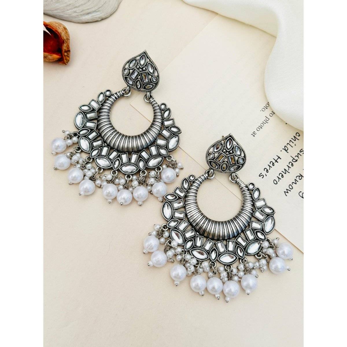 Abdesigns Elegant German Silver Plated Pearl Chandbali Earrings