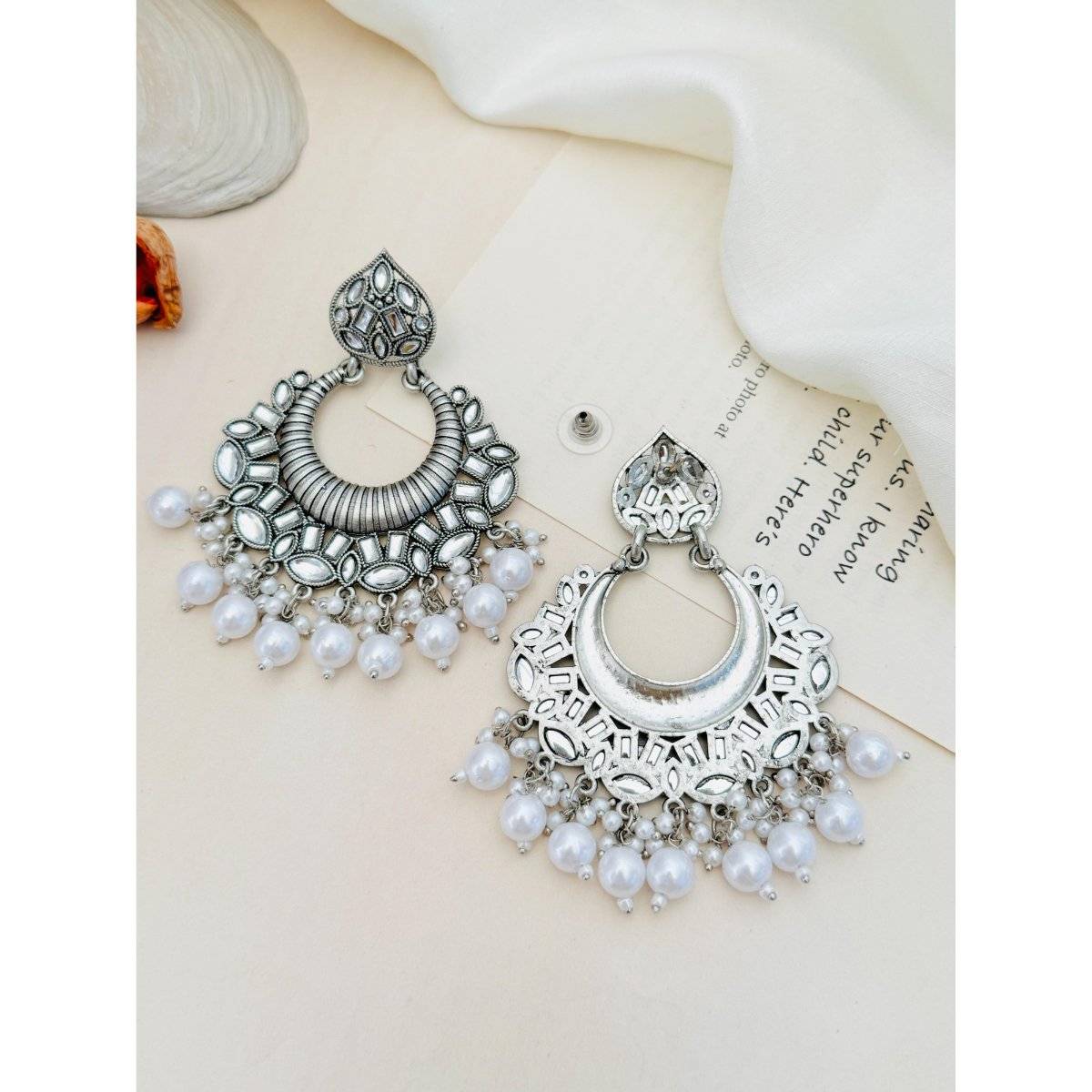 Abdesigns Elegant German Silver Plated Pearl Chandbali Earrings