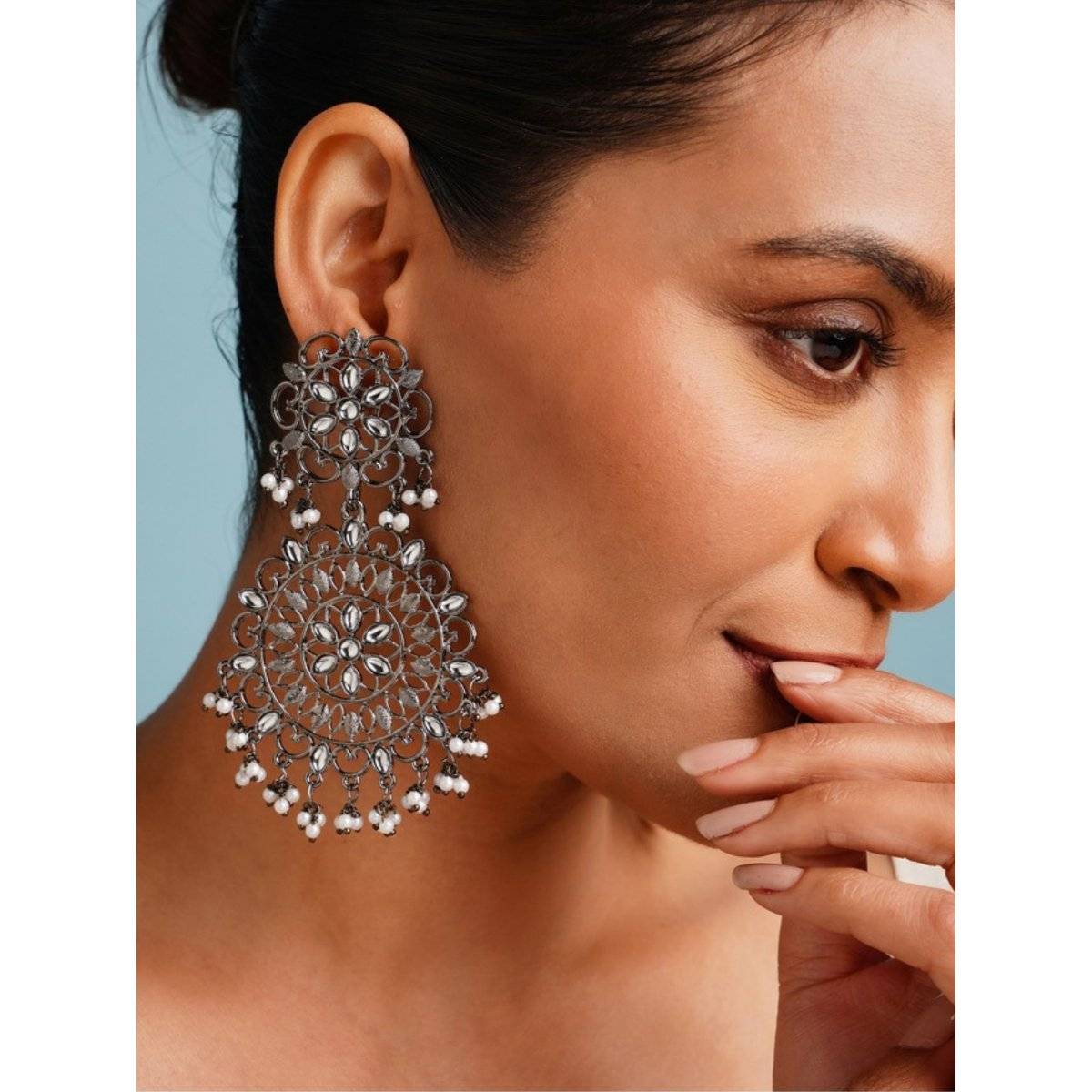 Abdesigns Elegant Stone German Silver Plated Pearl Danglers Earrings · One Size