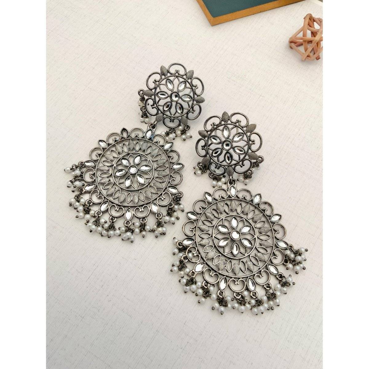 Abdesigns Elegant Stone German Silver Plated Pearl Danglers Earrings · One Size