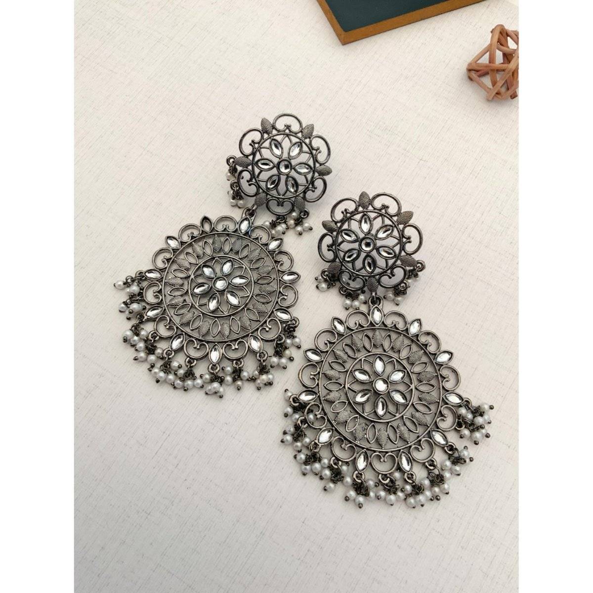 Abdesigns Elegant Stone German Silver Plated Pearl Danglers Earrings