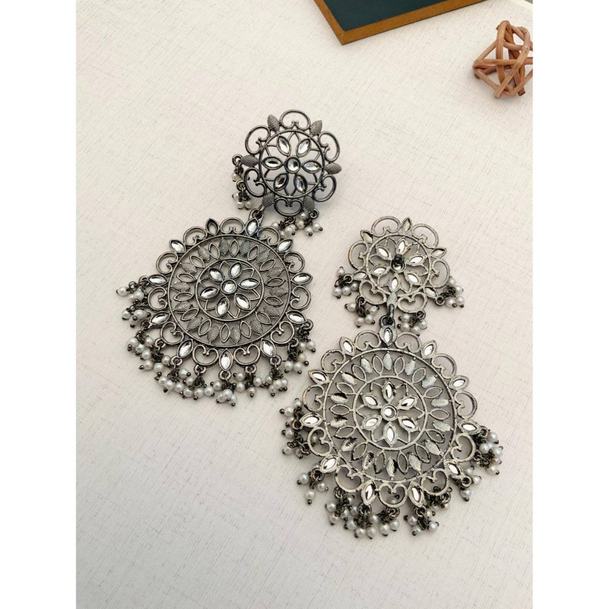Abdesigns Elegant Stone German Silver Plated Pearl Danglers Earrings