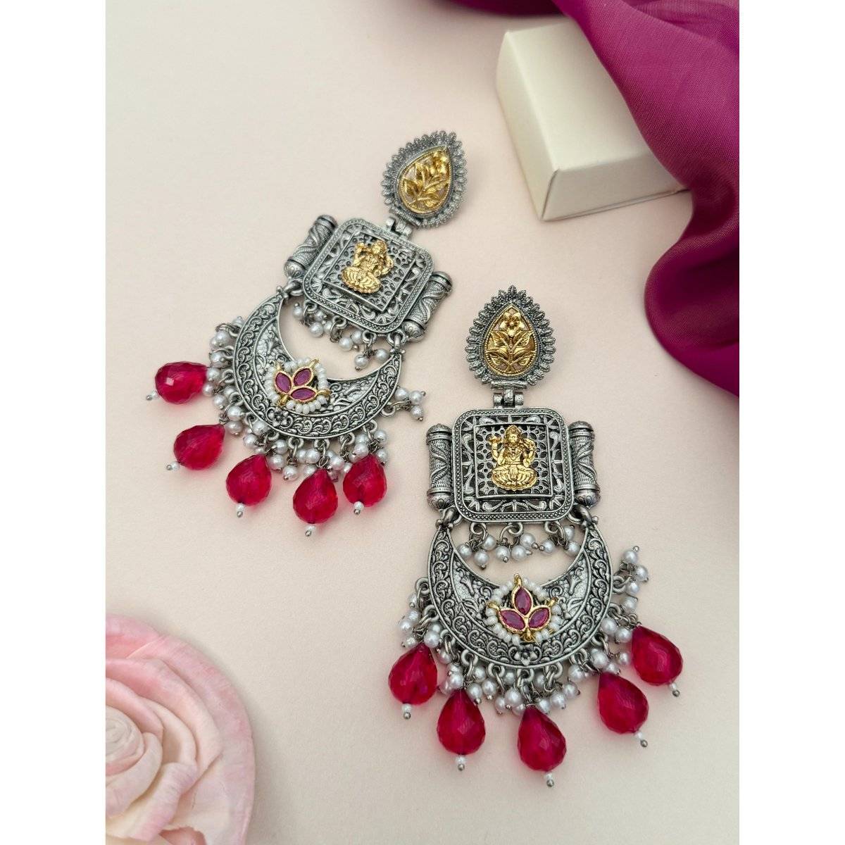 Abdesigns Red Elegant Dual Plated Temple Chandbali Earrings