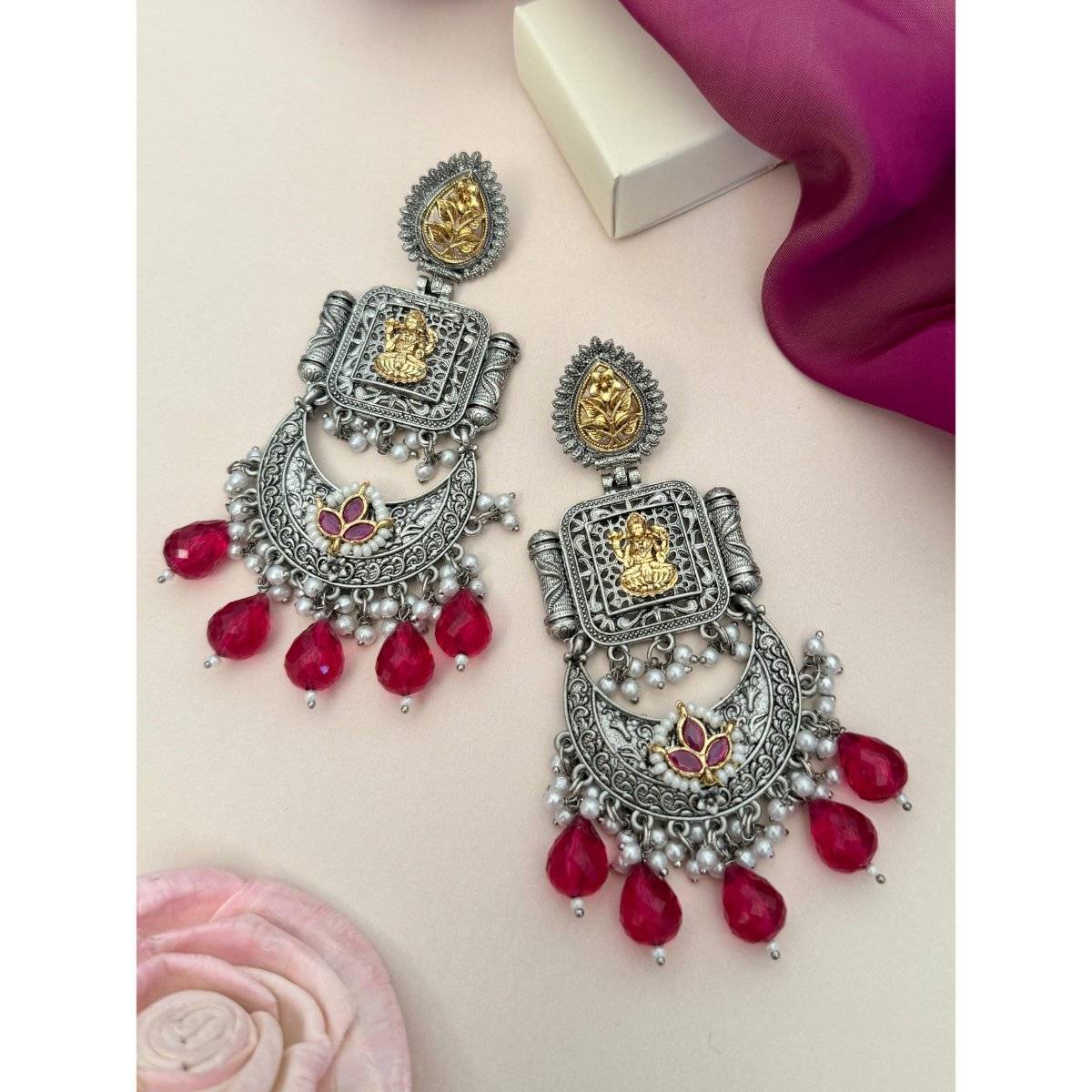 Abdesigns Red Elegant Dual Plated Temple Chandbali Earrings
