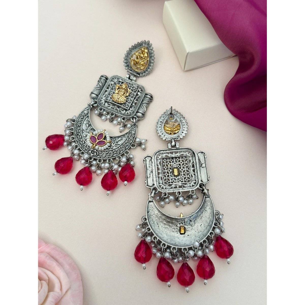 Abdesigns Red Elegant Dual Plated Temple Chandbali Earrings