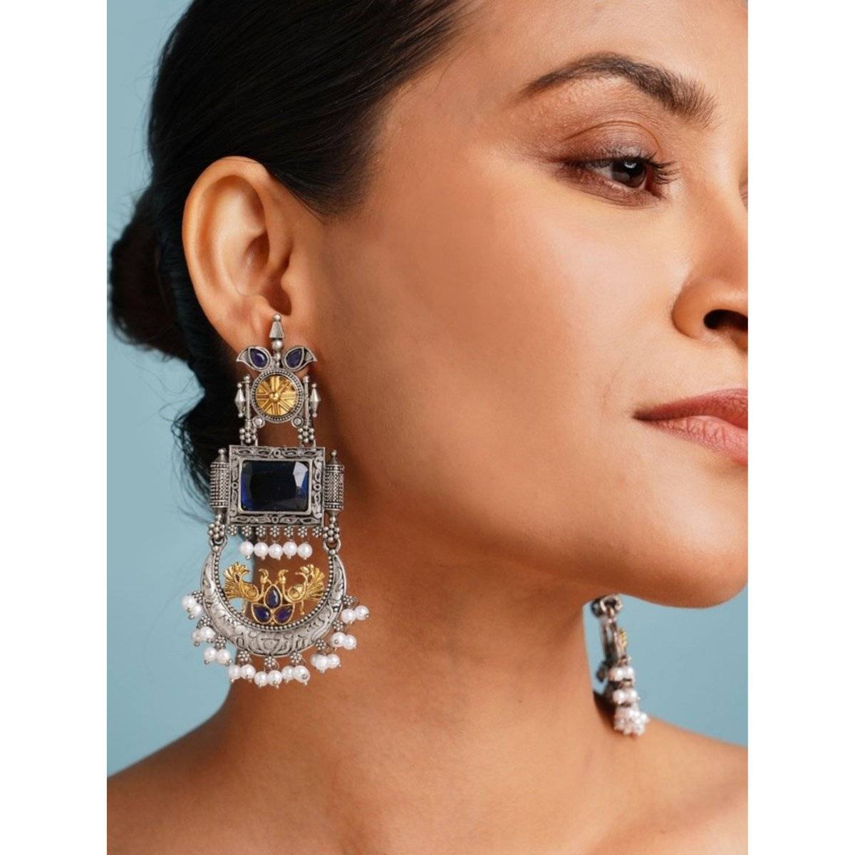 Abdesigns Blue Elegant Dual Plated Chandbali Earrings · One Size