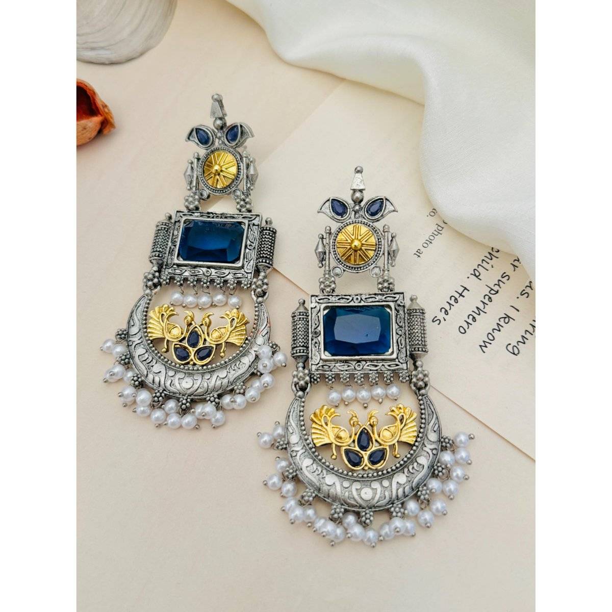 Abdesigns Blue Elegant Dual Plated Chandbali Earrings