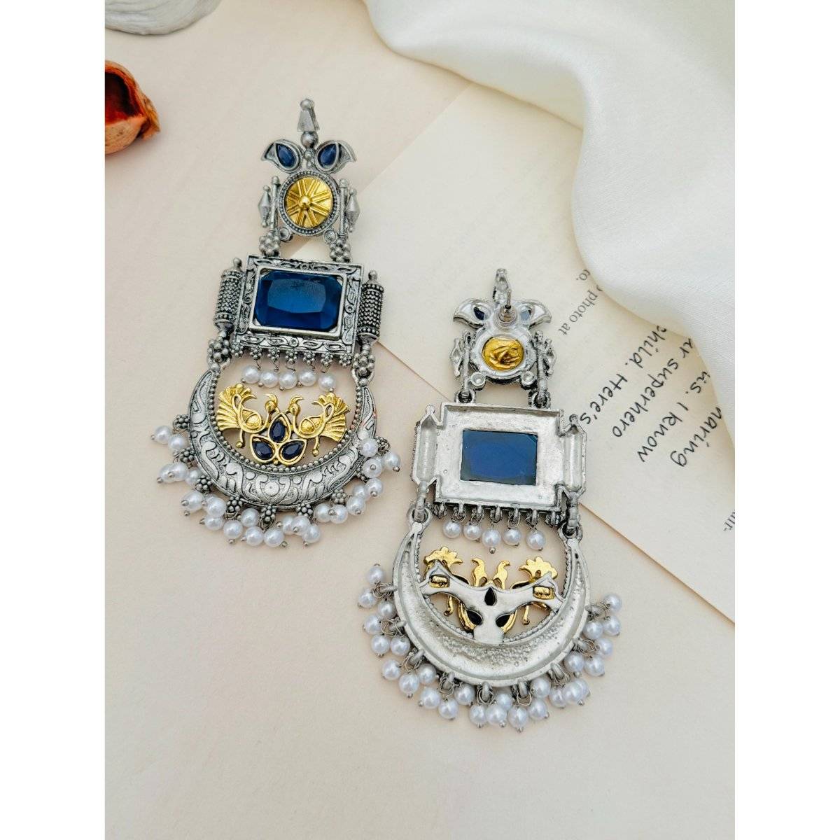 Abdesigns Blue Elegant Dual Plated Chandbali Earrings
