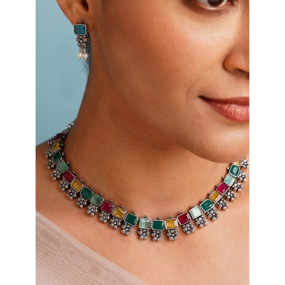 Abdesigns Multi-Color German Silver Plated Stone Studded Necklace Set