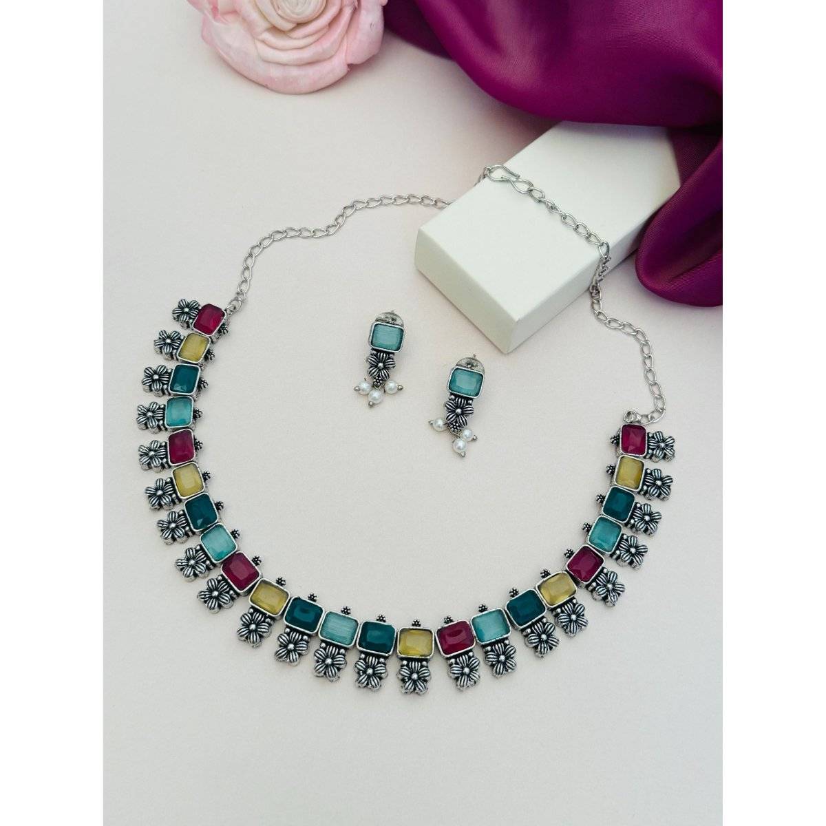 Abdesigns Multi-Color German Silver Plated Stone Studded Necklace Set
