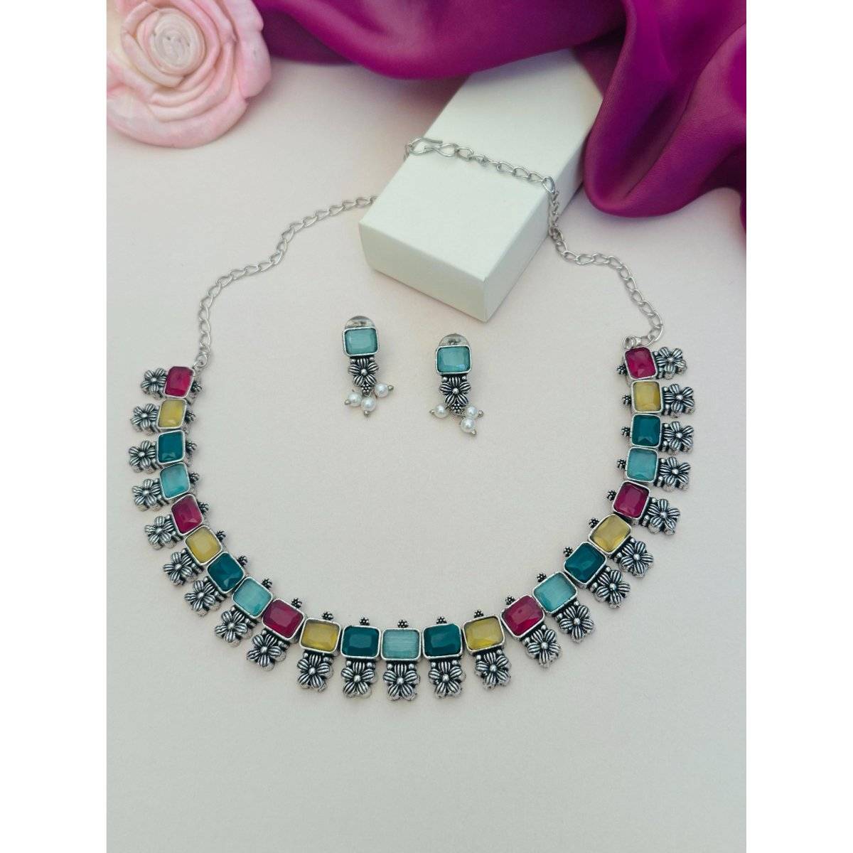 Abdesigns Multi-Color German Silver Plated Stone Studded Necklace Set