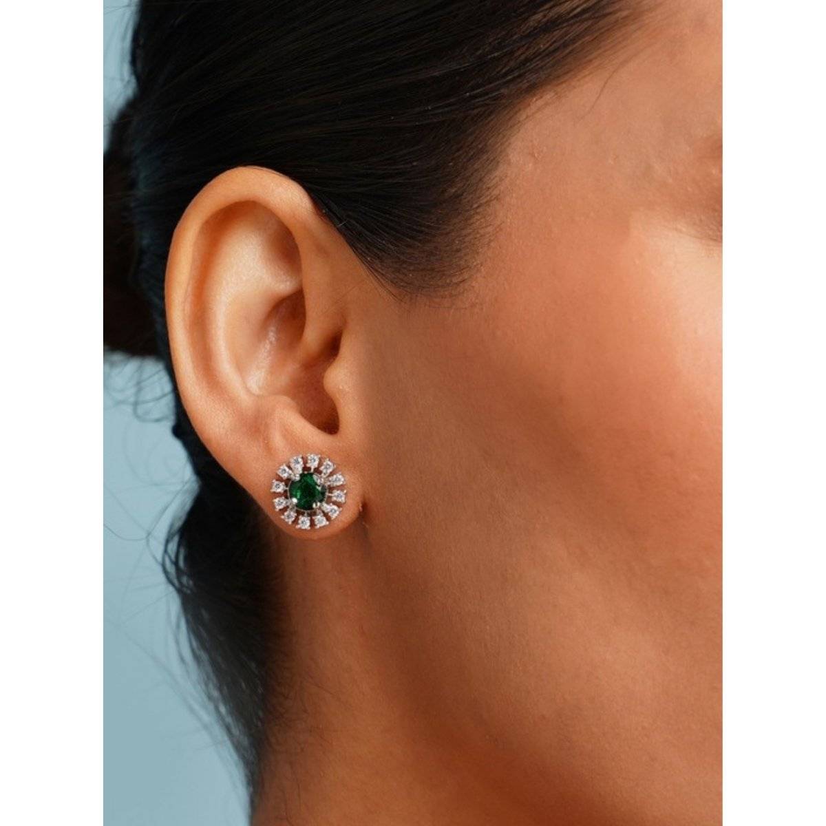 Abdesigns Green Elegant Silver Plated American Diamond Stud Earrings