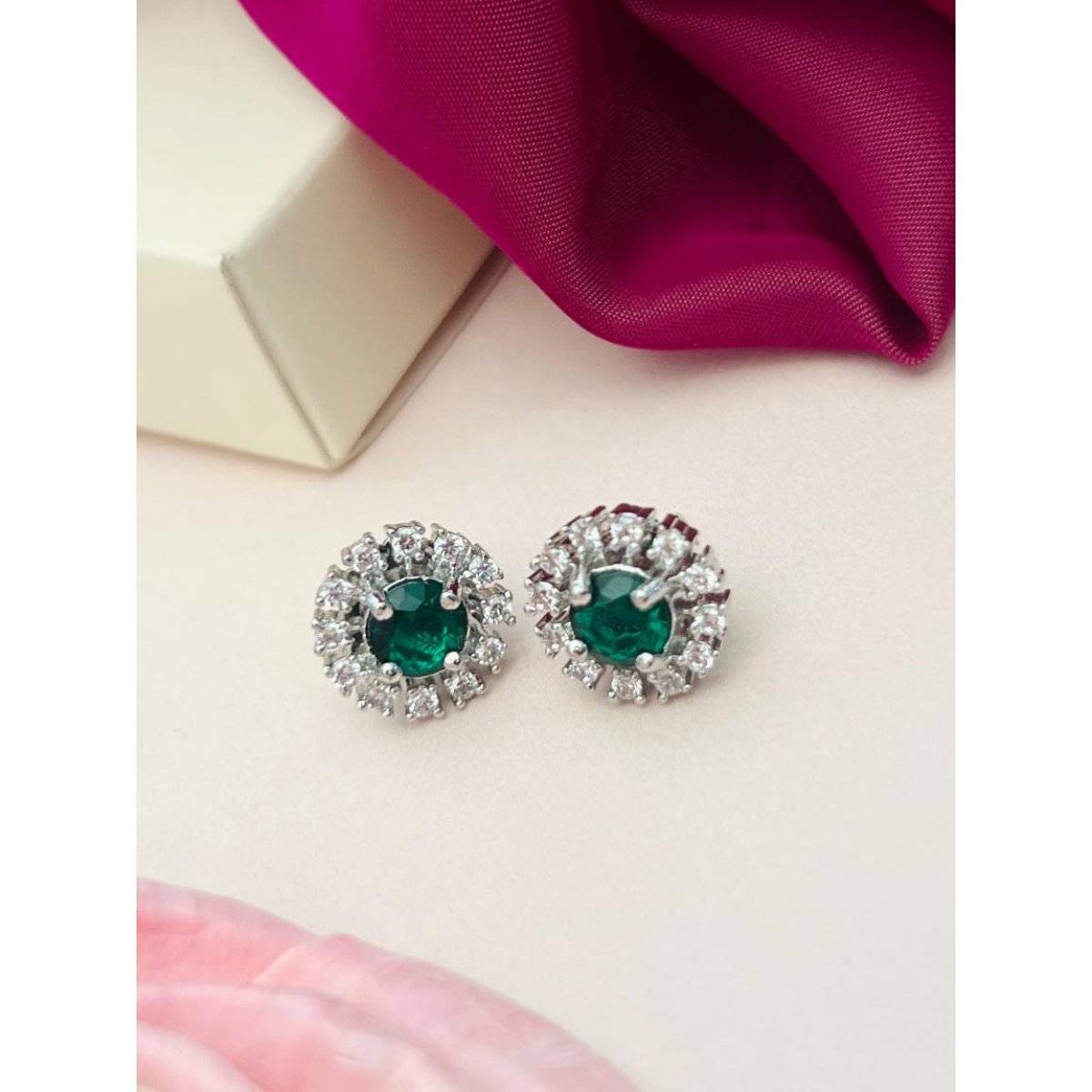 Abdesigns Green Elegant Silver Plated American Diamond Stud Earrings