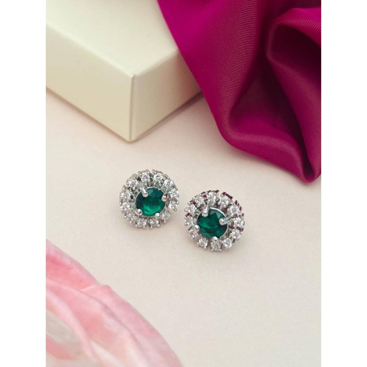 Abdesigns Green Elegant Silver Plated American Diamond Stud Earrings