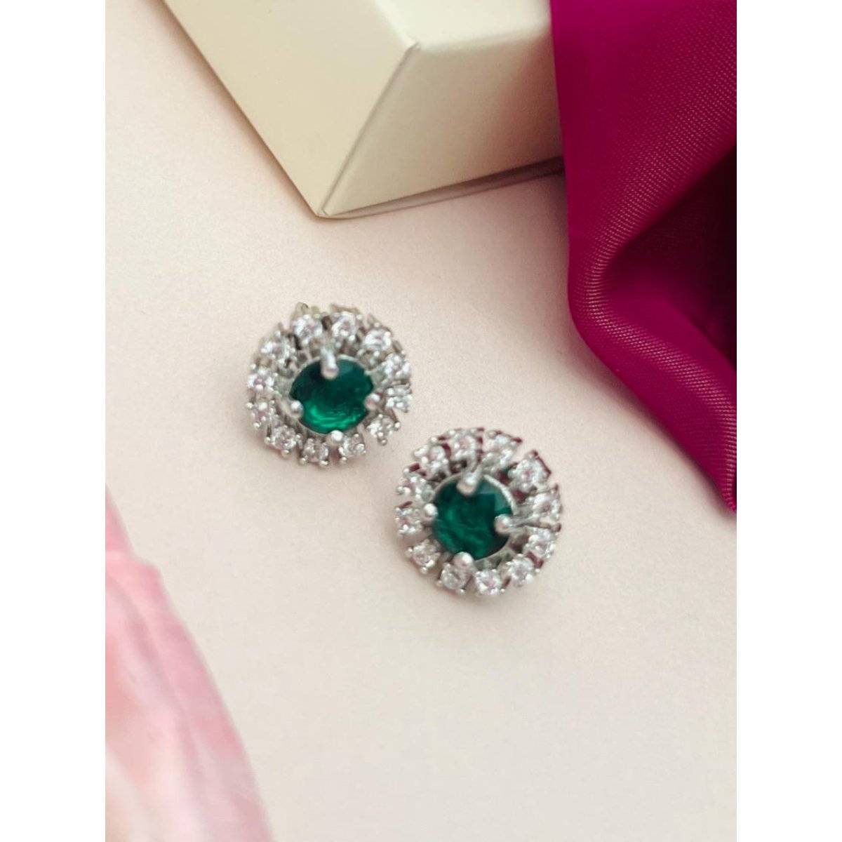 Abdesigns Green Elegant Silver Plated American Diamond Stud Earrings
