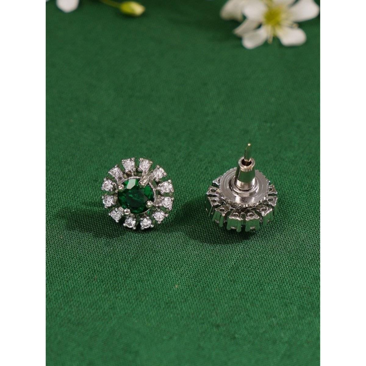 Abdesigns Green Elegant Silver Plated American Diamond Stud Earrings