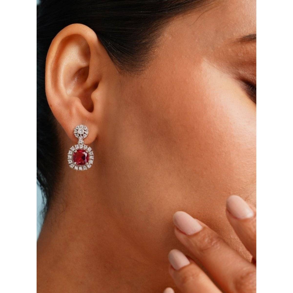 Abdesigns Red Elegant Silver Plated American Diamond Drop Earrings · One Size