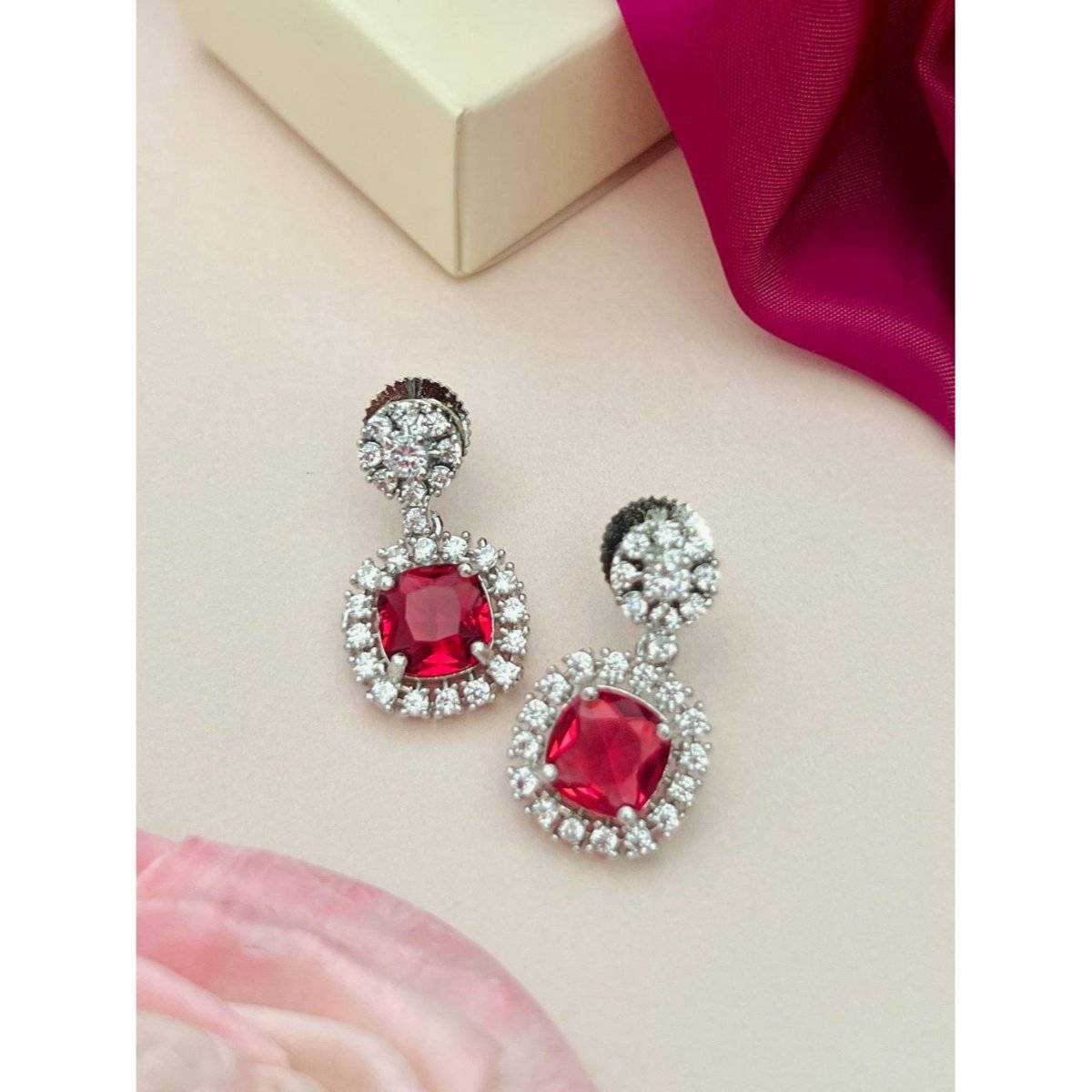 Abdesigns Red Elegant Silver Plated American Diamond Drop Earrings