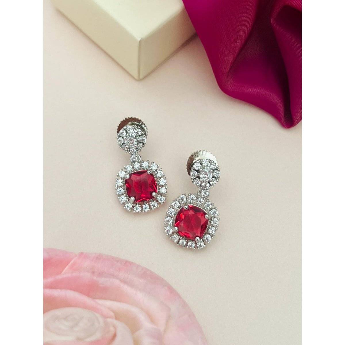 Abdesigns Red Elegant Silver Plated American Diamond Drop Earrings