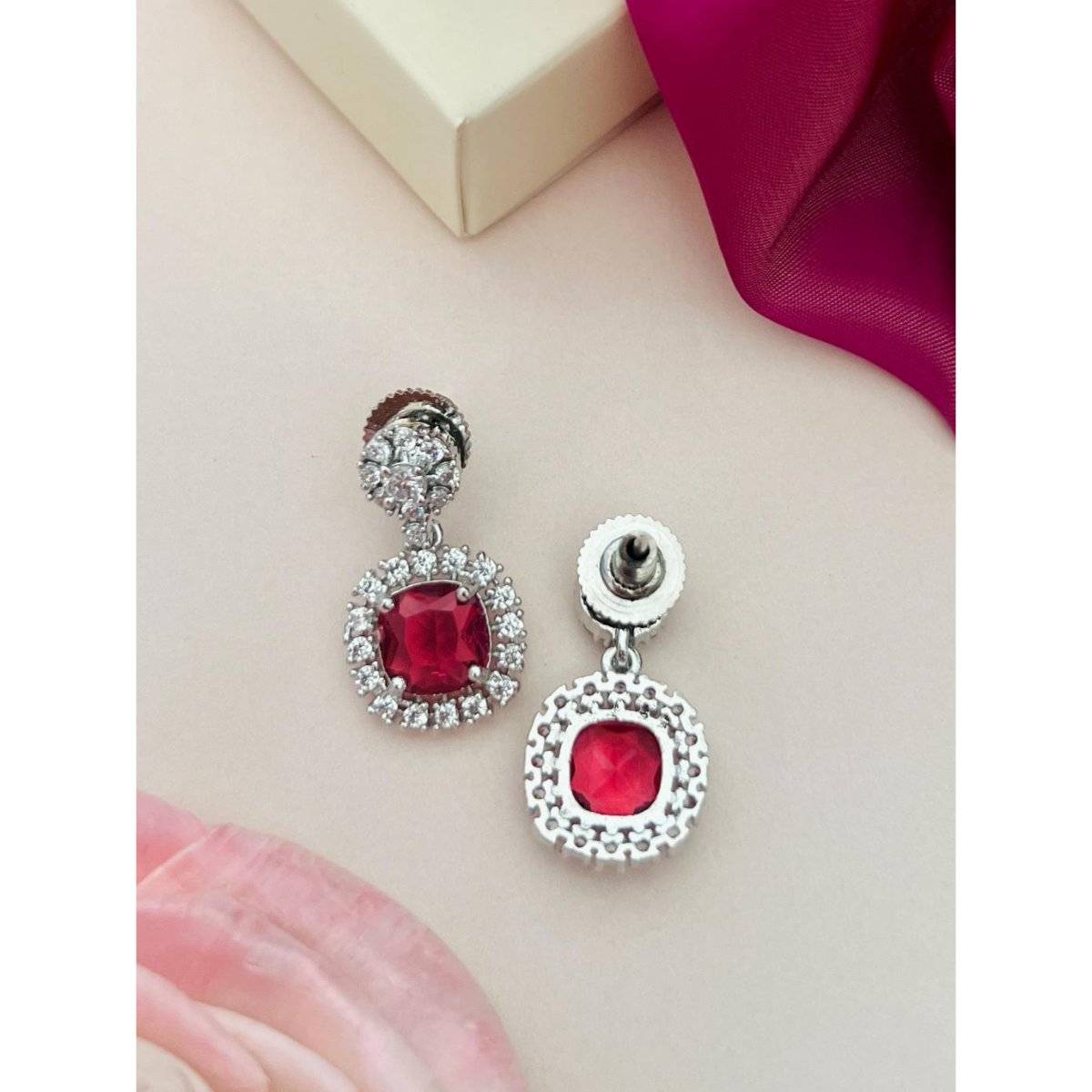 Abdesigns Red Elegant Silver Plated American Diamond Drop Earrings