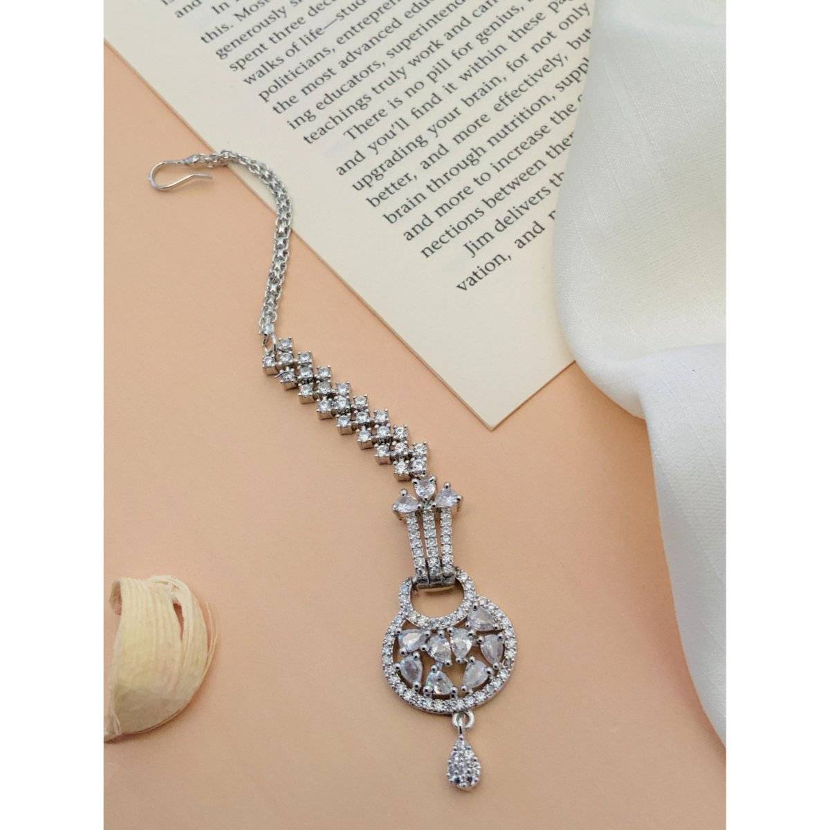 Abdesigns White Elegant Silver Plated American Diamond Maangtikka