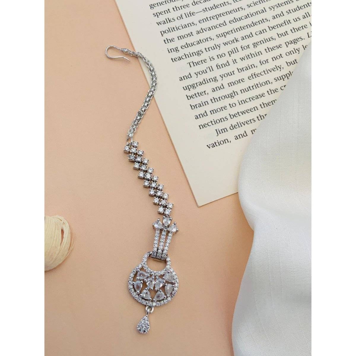 Abdesigns White Elegant Silver Plated American Diamond Maangtikka