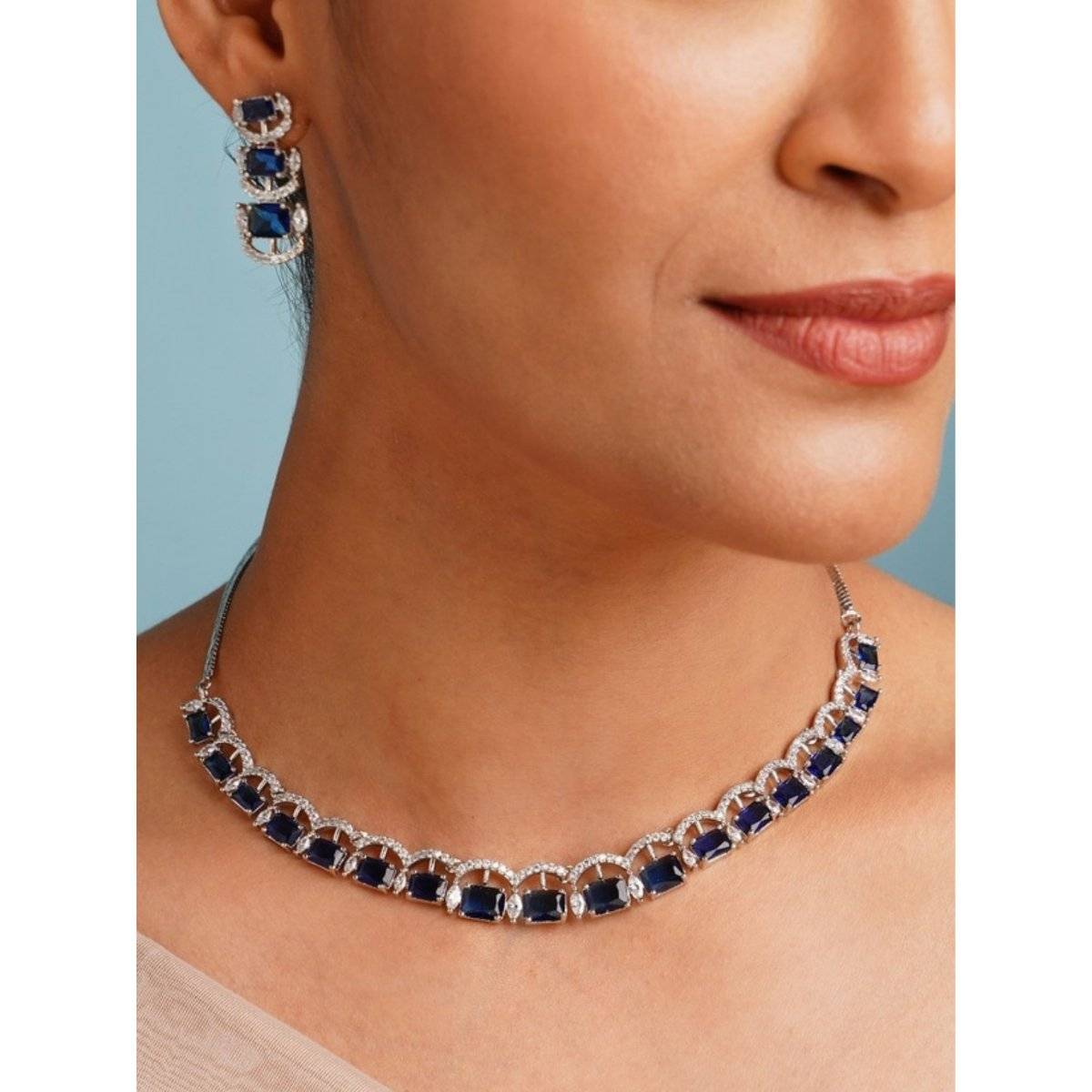 Abdesigns Blue American Diamond Silver Plated Necklace Set · One Size
