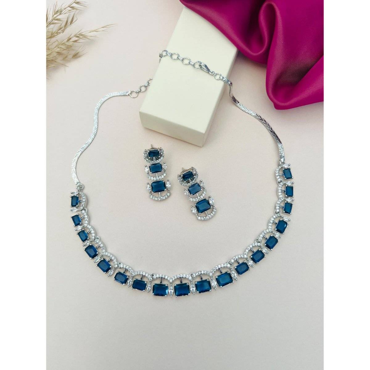 Abdesigns Blue American Diamond Silver Plated Necklace Set · One Size