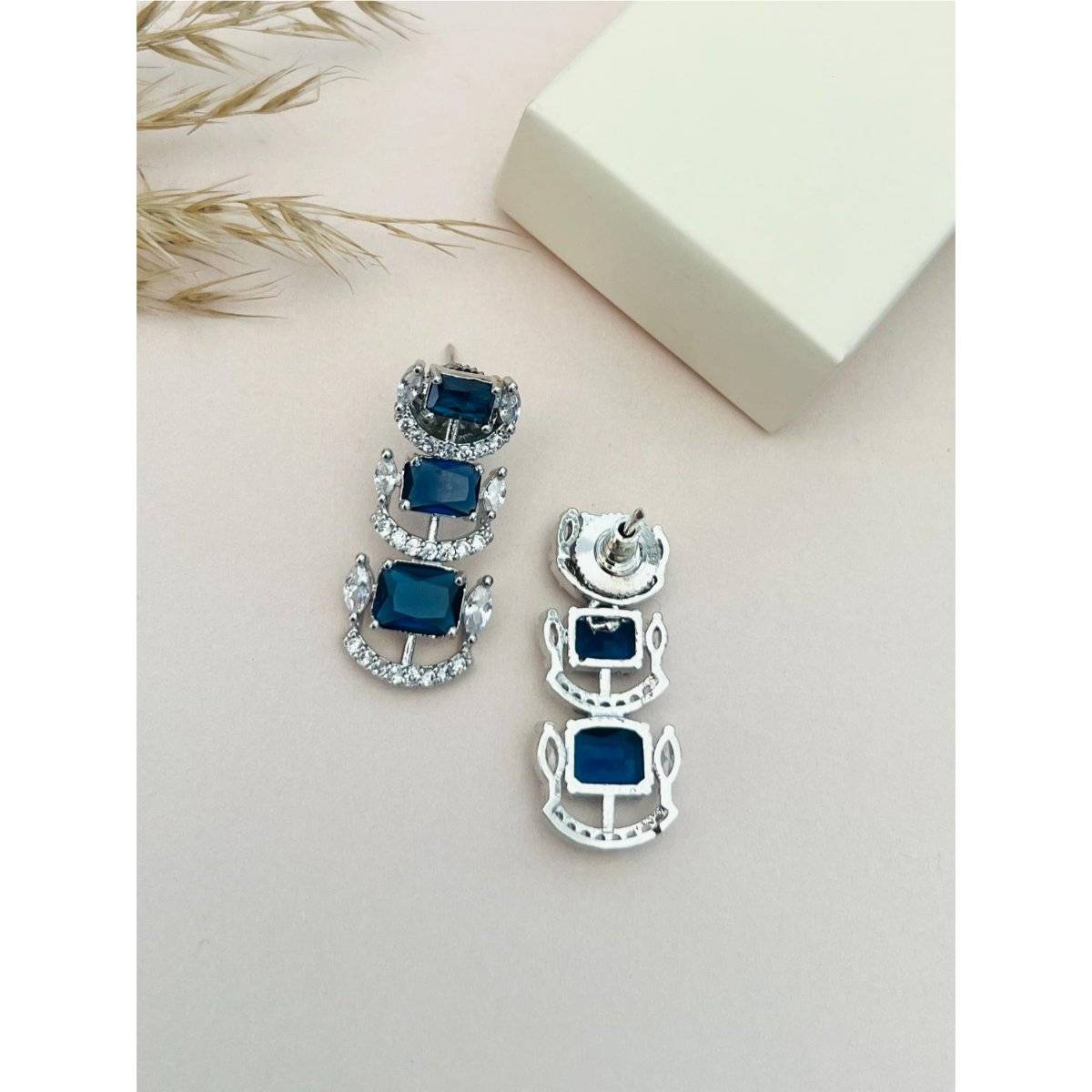 Abdesigns Blue American Diamond Silver Plated Necklace Set