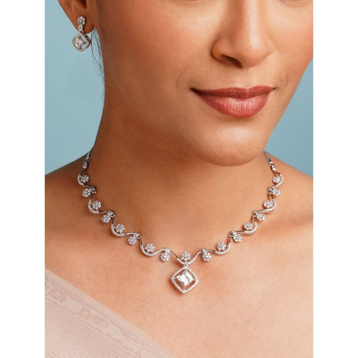 Abdesigns White American Diamond Silver Plated Necklace Set