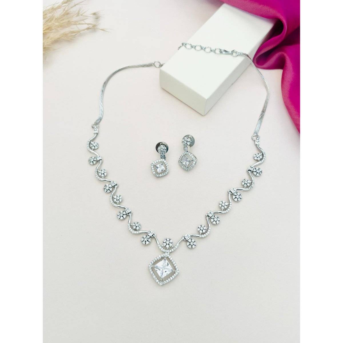 Abdesigns White American Diamond Silver Plated Necklace Set
