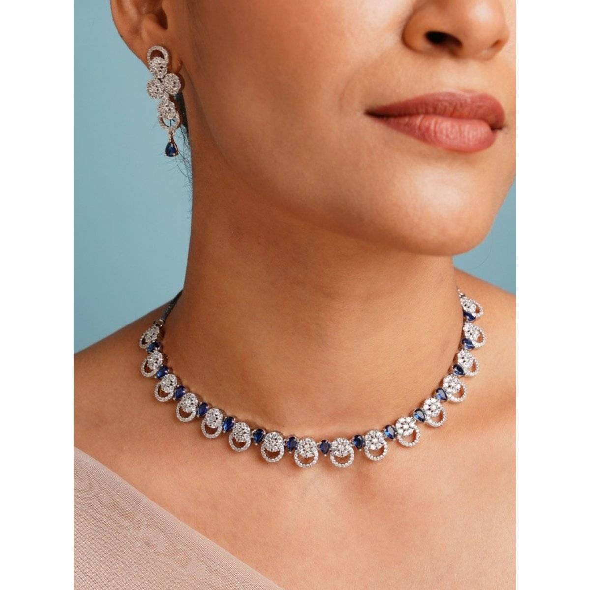 Abdesigns Blue Sophisticated Silver Plated American Diamond Necklace Set