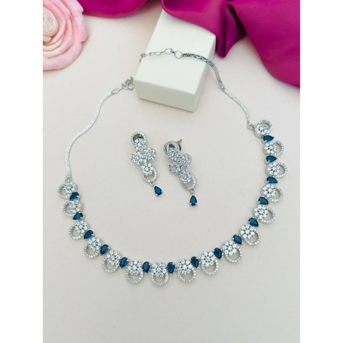 Abdesigns Blue Sophisticated Silver Plated American Diamond Necklace Set