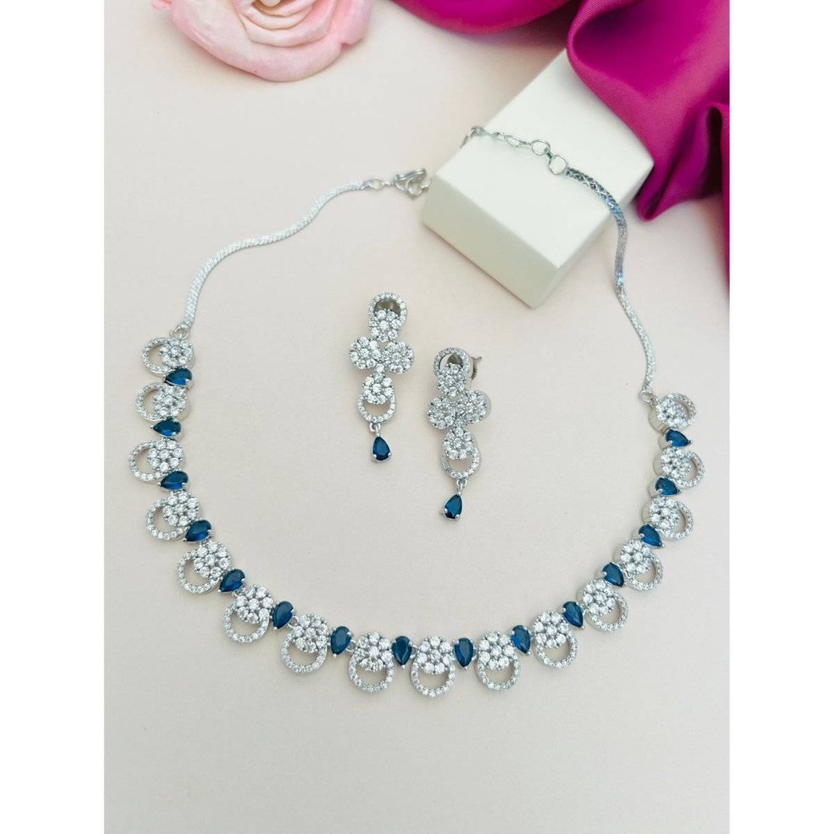 Abdesigns Blue Sophisticated Silver Plated American Diamond Necklace Set