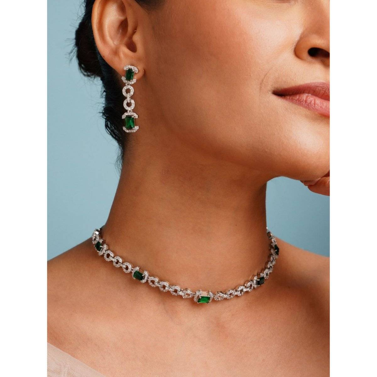 Abdesigns Green Elegant Silver Plated American Diamond Necklace Set