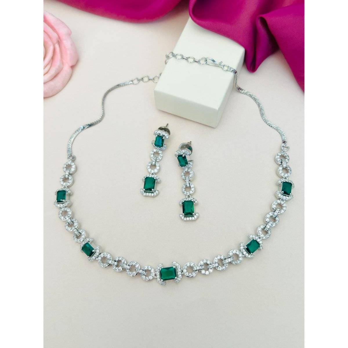 Abdesigns Green Elegant Silver Plated American Diamond Necklace Set · One Size