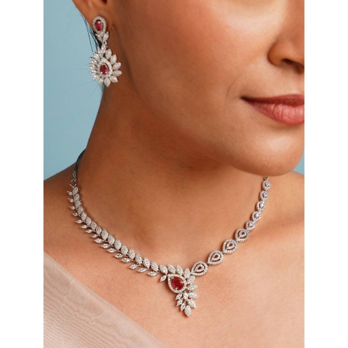 Abdesigns Red Stylish Silver Plated American Diamond Necklace Set